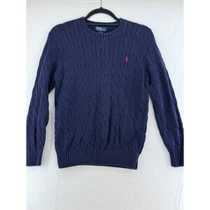 Vntg Polo Ralph Lauren Womens Navy Blue Cable Knit Cotton Crew Neck Sweater L